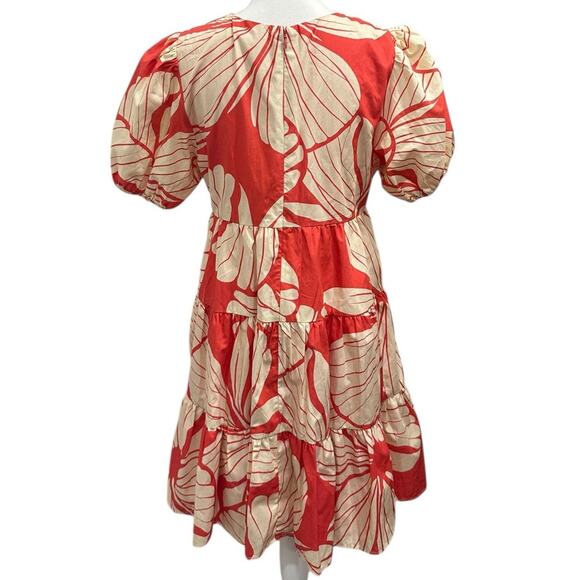 Hutch Coral Plumeria Print Puff Sleeve Tiered V-Neck Mini Dress Preppy Coastal - Picture 3 of 13